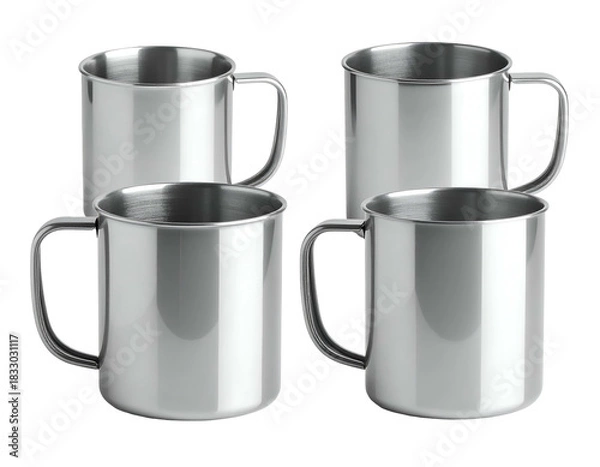 Obraz Four shiny metallic steel mugs with handles, reflective
