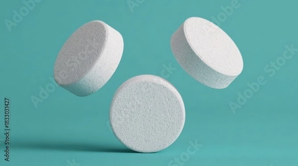 Fototapeta Floating white pills in chaotic arrangement studio background high-definition image modern aesthetic abstract concept