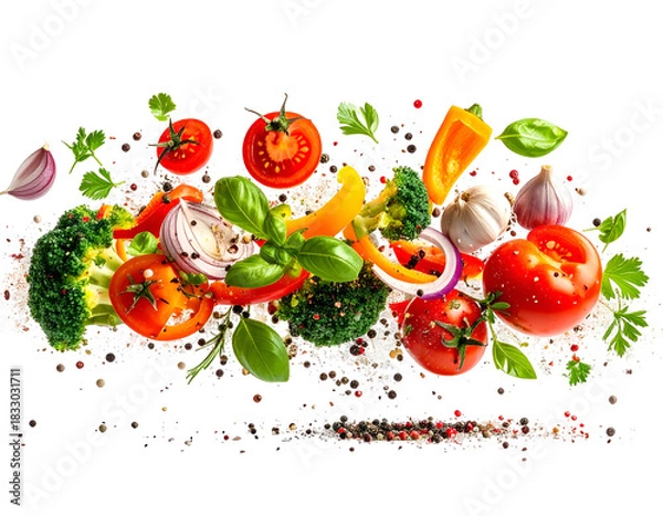 Obraz Fresh colorful vegetables & spices in dynamic falling composition