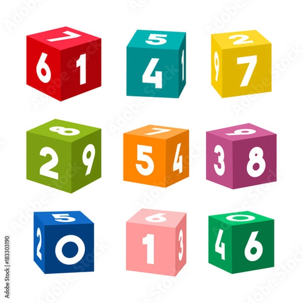 Fototapeta Set of colorful toy bricks with numbers. Single vector cubes isolated on white background.