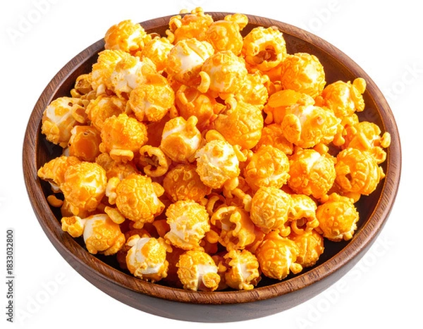 Obraz Heap of orange coated popcorn in a round wooden bowl, top view