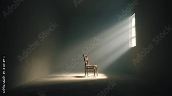 Obraz Verlassener Stuhl im leeren Raum mit Lichtstrahl
