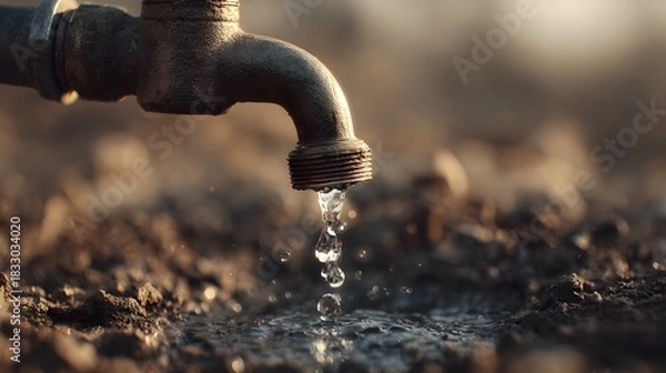 Fototapeta Tropfender Wasserhahn in ausgetrockneter Landschaft
