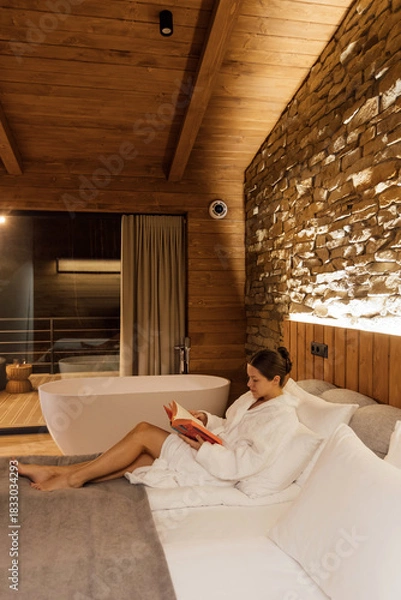 Obraz Relaxing in a cozy cabin while reading by the stone wall