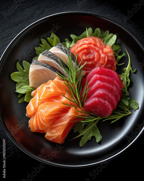 Fototapeta Premium sashimi platter with fresh salmon, tuna, yellowtail, and greens on black plate, elegant and appetizing presentation