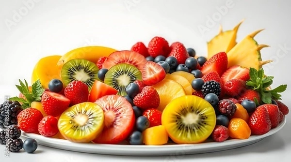 Obraz Ultra-realistic, a vibrant fruit platter featuring a variety of colorful fruits like kiwi, pineapple, and berries, arranged artistically, bright studio lighting, food photography