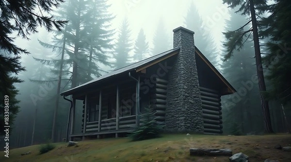 Obraz Ultra-realistic, cinematic exterior shot of a rustic cabin nestled in a dense, misty pine forest, with weathered wood siding and a stone chimney, during a soft, overcast day