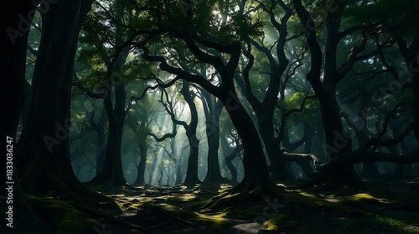 Obraz Ultra-realistic, dense forest, dappled sunlight filtering through a canopy of ancient trees, moss-covered ground, a sense of deep stillness