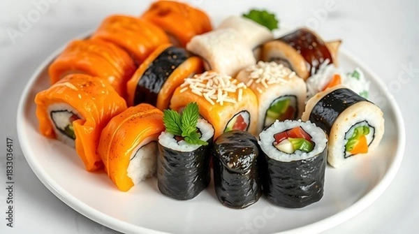 Obraz Ultra-realistic, editorial style photograph showcasing an assortment of colorful Asian sushi rolls, artfully presented on a minimalist white plate, with a sharp focus on each delicate detail