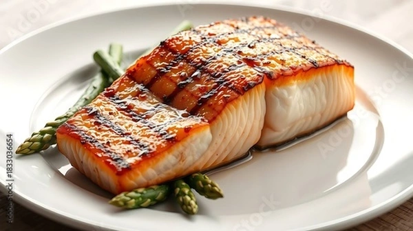 Obraz Ultra-realistic, detailed rendering of a grilled salmon fillet, its skin crispy and seared, flaky flesh glistening, served with asparagus spears on a minimalist white plate