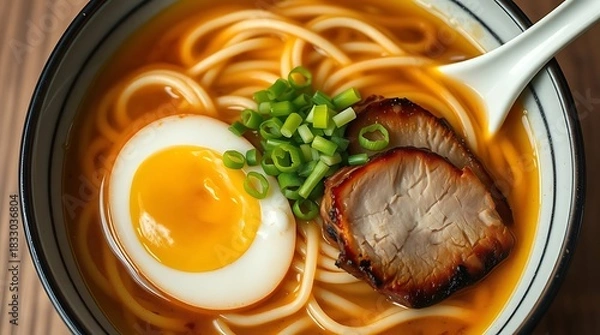 Obraz Ultra-realistic, top-down shot of a steaming bowl of ramen, featuring tender noodles, a perfectly cooked egg, slices of char siu pork, and fresh green onions in a rich broth, with a matte finish