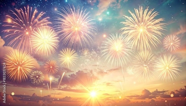 Obraz Spectacular sky filled with bright fireworks illuminating the sunset with clouds