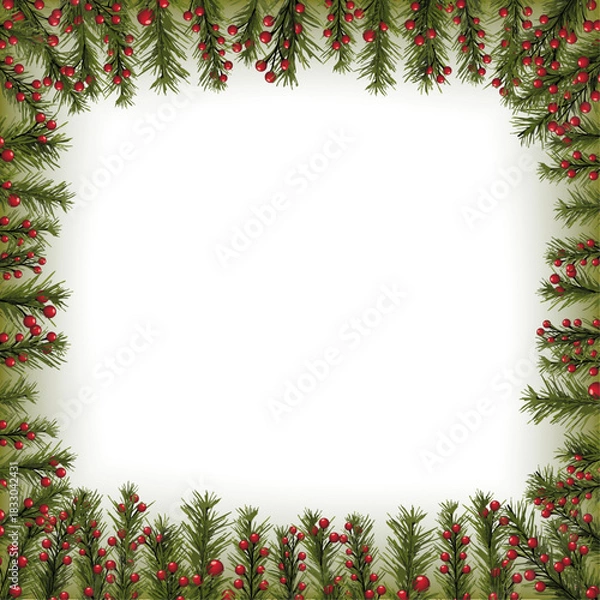 Obraz Christmas Botanical Frame Vector with Pine Branches and Red Berries – Festive Holiday Border Illustration