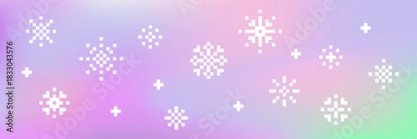 Fototapeta Pixel art 8 bit white snowflakes on color gradient background.