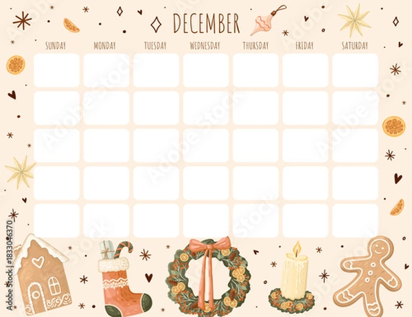 Obraz December calendar. Printable Holiday month planner. Vector.