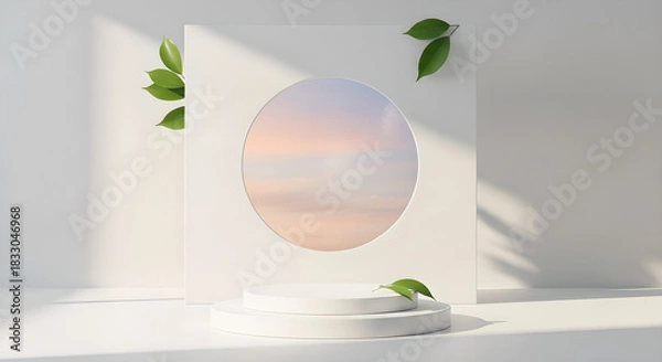 Obraz Product Display Podium White Green Leaves Pastel Sky Copy Space