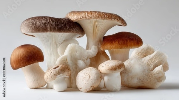Fototapeta Various edible mushrooms with brown caps, gills, and stems are grouped. This image can be used to illustrate cooking, food, or health.