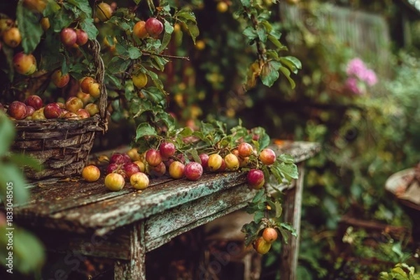 Fototapeta Crabapples fill a basket and rest on a rustic, weathered wooden table. Perfect for autumn harvest, farming, and country living concepts.