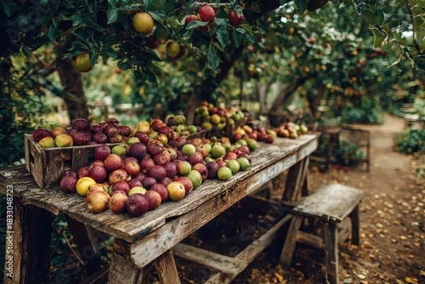 Fototapeta Apples overflow rustic wooden table, with orchard trees in the background. Showcase local produce, fall harvest, and farm-to-table concepts.