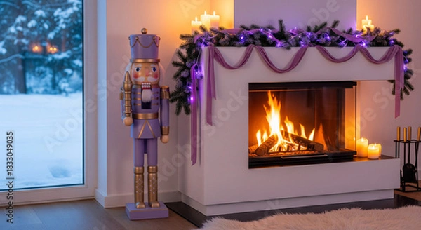 Fototapeta Luxury Christmas interior design with large traditional Nutcracker and modern fireplace. Cozy winter evening scene with purple decorations, warm fire, and snowy window view