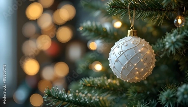 Fototapeta Christmas white decoration ball and spruce tree close up, bokeh lights background