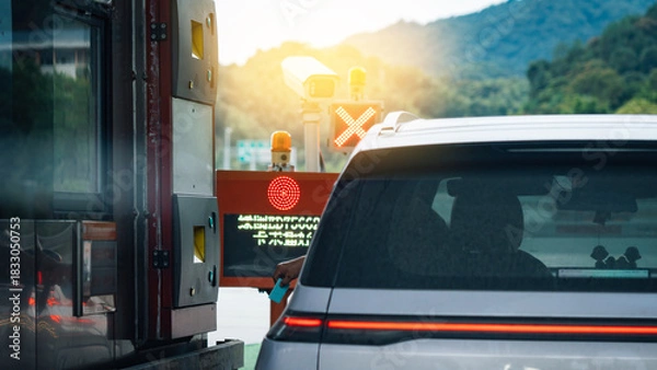 Obraz Car at toll booth with mountainous background