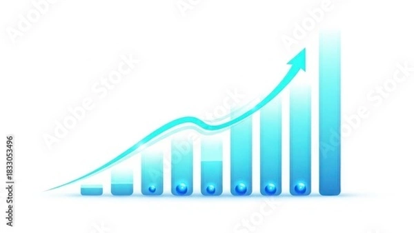 Obraz Blue bar graph with upward trending arrow isolated on white background