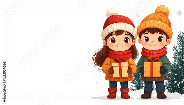 Fototapeta Cute 2D Holiday Kids with White Background and Negative Space Ai Generated