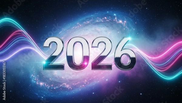 Obraz 3D Futuristic 2026 Typography with Synth wave Curves and Chrome Finish on Cosmic Backdrop