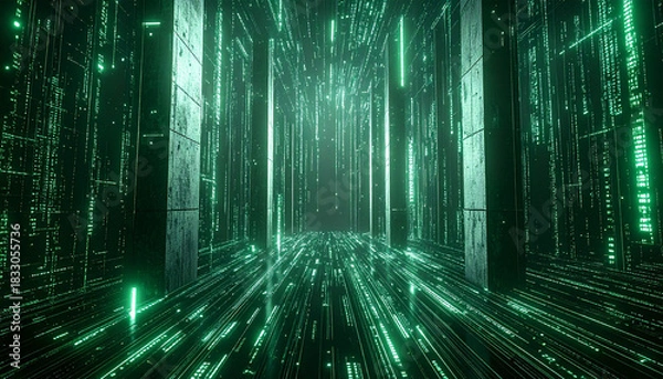 Fototapeta Futuristic Green Data Corridor Matrix