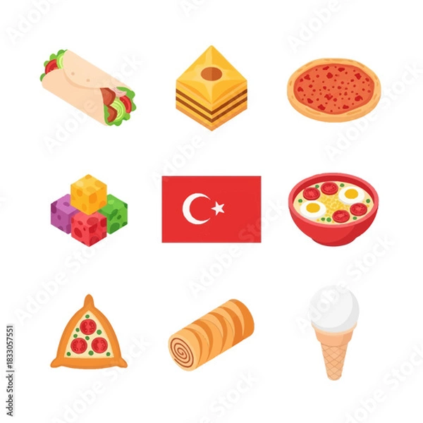 Fototapeta Colorful isometric concept art depicting a diverse array of traditional Turkish cuisine, sweets, and cultural elements
