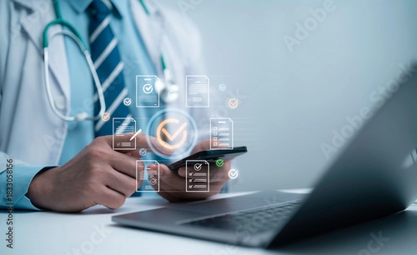 Fototapeta Doctor reviewing digital documents and approval checklists on  mobile device illustrates efficient medical administration, secure data management and streamlined workflow in modern healthcare systems