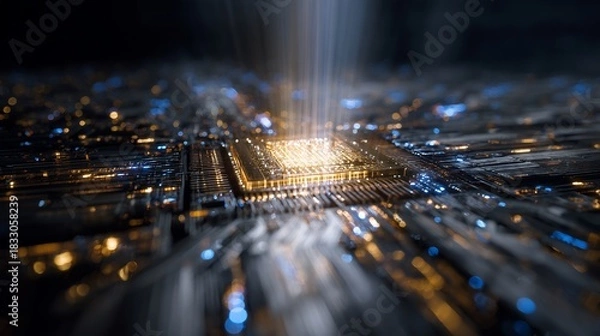 Fototapeta Extreme macro close up shot of futuristic quantum processor chip superconducting circuit glowing golden blue light abstract data energy flowing outwards center highly detailed texture narrow depth of