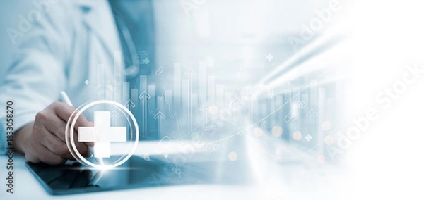 Fototapeta Doctor using digital tablet with medical analytics and rising health indicators represents advanced healthcare technology, data driven insights and smart clinical improvement in modern medical systems