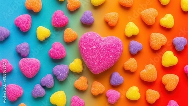 Obraz A vibrant collection of colorful heart shaped gummy candies scattered across a bright gradient background isolated on white background