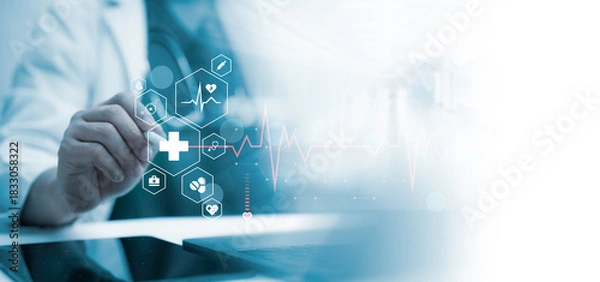 Fototapeta Doctor using digital medical icons and health monitoring graphics highlights advanced healthcare technology, smart diagnostics and real time patient insights in a modern clinical environment