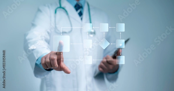 Fototapeta Doctor interacting with a digital flowchart interface represents modern healthcare management, efficient decision-making and smart medical process optimization in advanced clinical systems