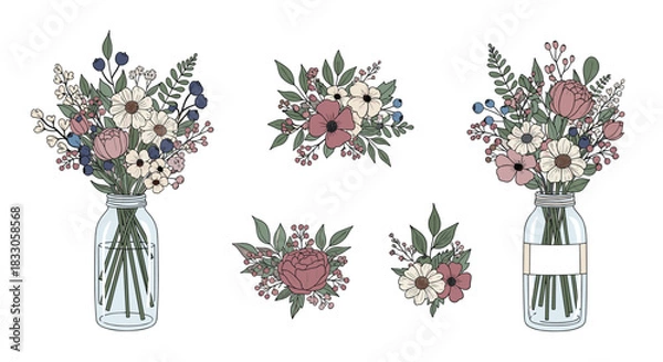 Fototapeta Set of beautiful hand-drawn floral bouquets in mason jars and individual flower arrangements on a white background.