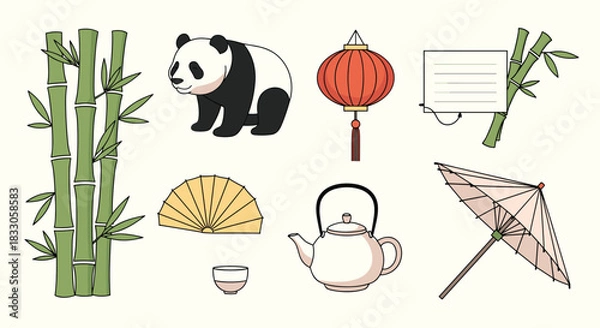 Fototapeta Collection of traditional Chinese cultural elements including bamboo pandas lanterns fans and a teapot with a cup.