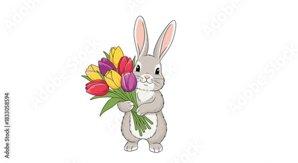 Fototapeta Cute grey bunny holding a vibrant bouquet of colorful tulips on a clean white background perfect for spring and easter.