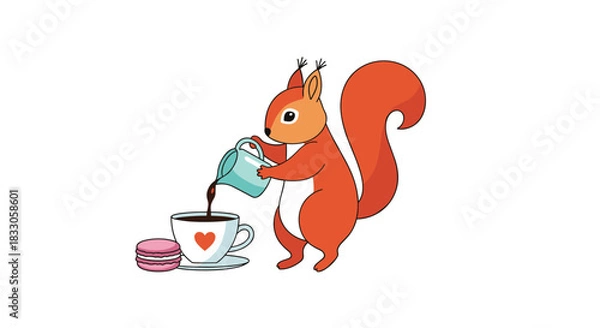 Fototapeta Cute cartoon squirrel pouring coffee into a cup with a heart design next to a pink macaron on a white background.