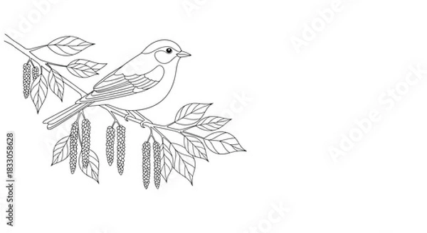 Fototapeta Elegant line art illustration of a small bird perched on a branch with leaves and catkins against a clean white background.