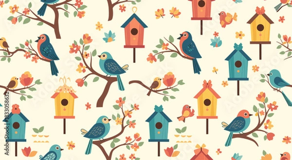 Fototapeta Charming seamless pattern featuring colorful birds perched on branches with flowers and various birdhouses on a light background.
