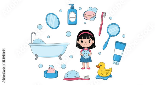 Fototapeta Cute cartoon girl holding bath bubbles surrounded by various bathroom and hygiene items in a circular arrangement.