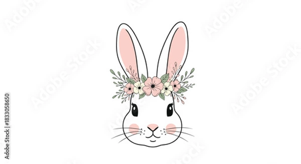 Fototapeta Adorable bunny rabbit face with long ears and a delicate floral crown on a clean white background.
