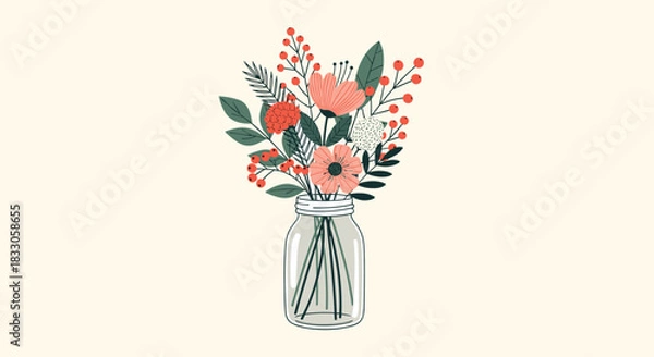 Fototapeta Beautiful hand-drawn bouquet of flowers and berries in a clear mason jar against a simple beige background.