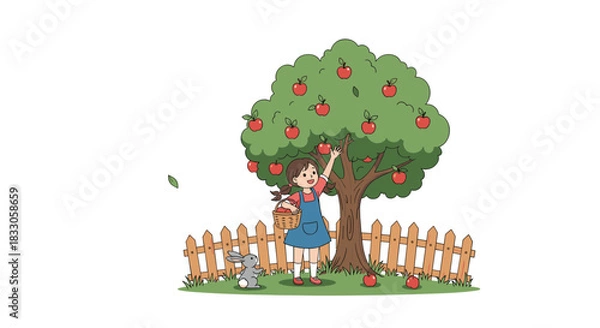 Fototapeta Happy cartoon girl picking apples from a tree into a basket with a cute bunny and a fence in a rural setting.