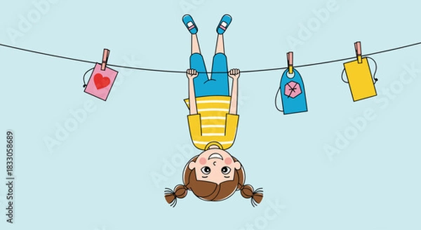 Fototapeta Playful cartoon girl hanging upside down on a clothesline with colorful clothes tags against a light blue background.