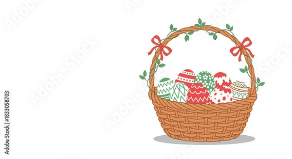 Fototapeta Traditional wicker easter basket filled with decorated easter eggs and green vines with red bows on a white background.