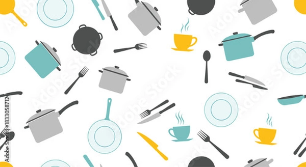 Fototapeta Vibrant seamless pattern background featuring various kitchen utensils cookware and coffee cups in a flat design style.